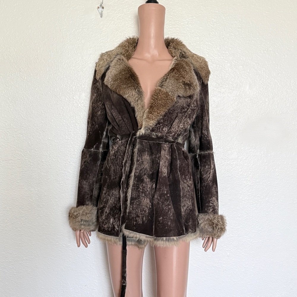 Brown Rabbit Fur Suede Patchwork Trench Jacket size S